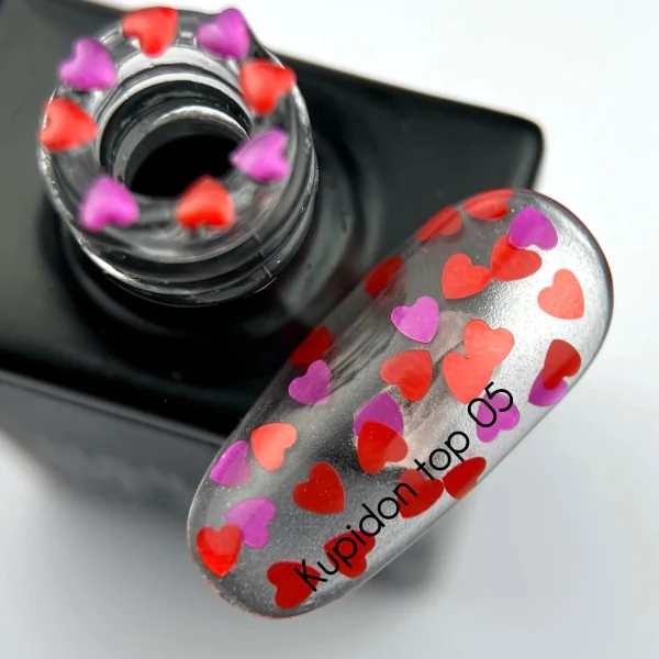 NAILSOFTHEDAY Kupidon top № 05 — топ без липкого шару з червоними та малиновими сердечками, 10 мл
